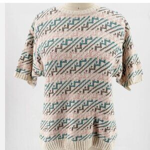 JH Collectibles Cream Aqua Grey & Pink Silk Blend Aztec Knit Sweater Top M